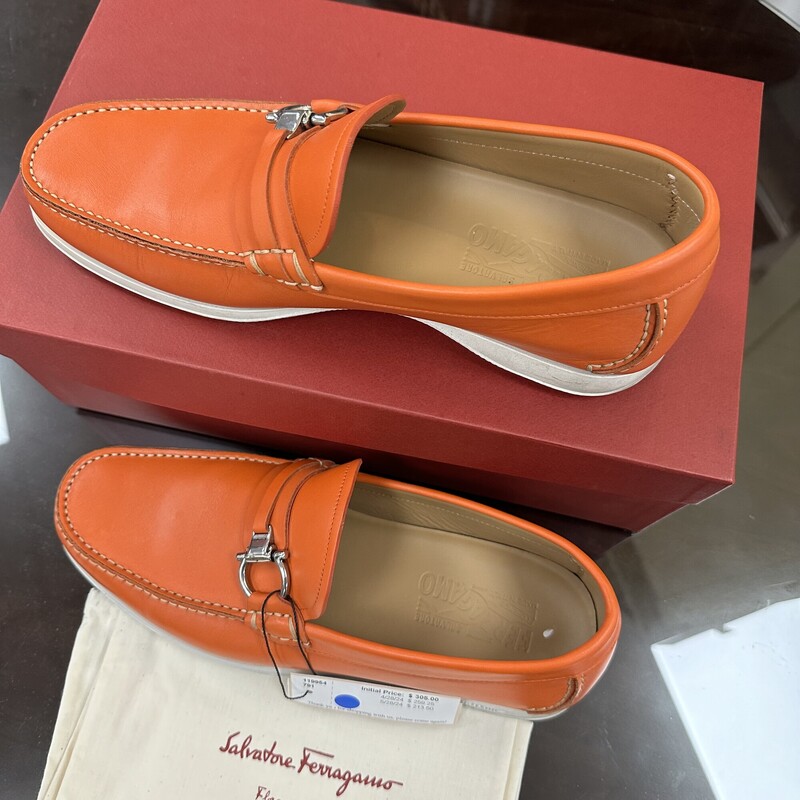 Salvatore Ferragamo Mens Leather Loafers, Orange. Includes original box and dustbag! Barely worn and in excellent condition. Size: 8.5