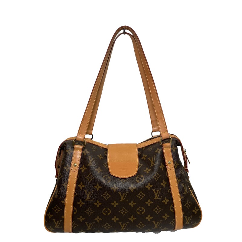 LOUIS VUITTON Monogram Stresa PM. This chic shoulder bag is beautifully crafted of classic Louis Vuitton monogram on toile canvas. The shoulder bag features vachetta cowhide leather shoulder straps and trims with polished brass hardware including a front press lock and protective feet on the bottom. The top zipper opens to a cocoa brown fabric interior with patch pockets.<br />
<br />
Dimensions:<br />
Base length: 15.5 in<br />
Height: 10 in<br />
Width: 5.75 in<br />
Drop: 8.5 in