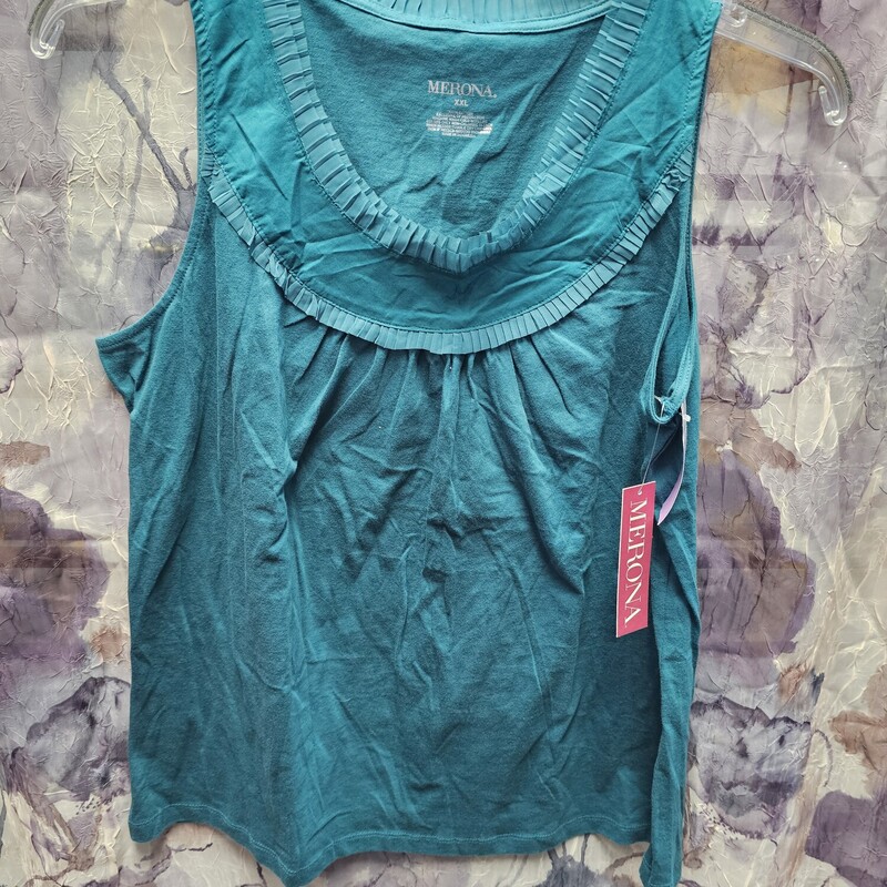 Sleeveles blouse in teal with pleated ruffling,.