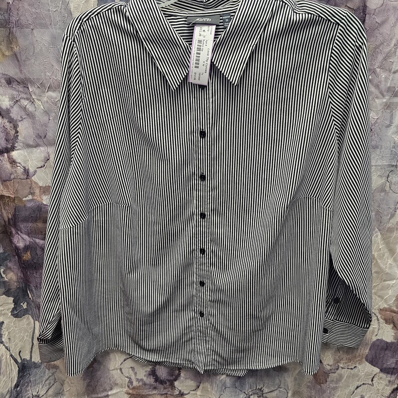 Button up blouse in black and white stripes.