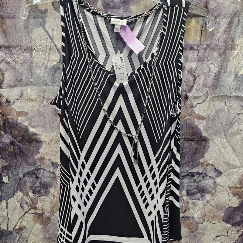 Brand new with tags and retails for $50. This tank is black and white patterned with attached necklace in silver. Super classy, longer fit.