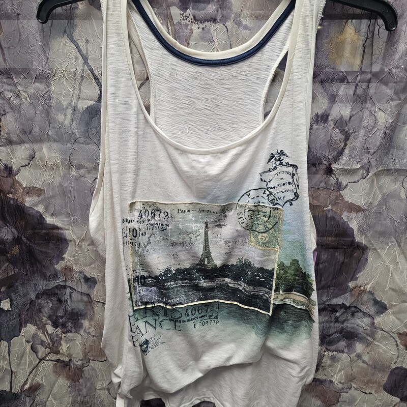 White tank with stamp graphic on front.