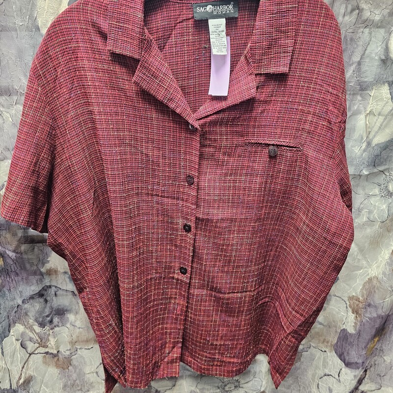 Short sleeve button up in red with mutli colored threading.