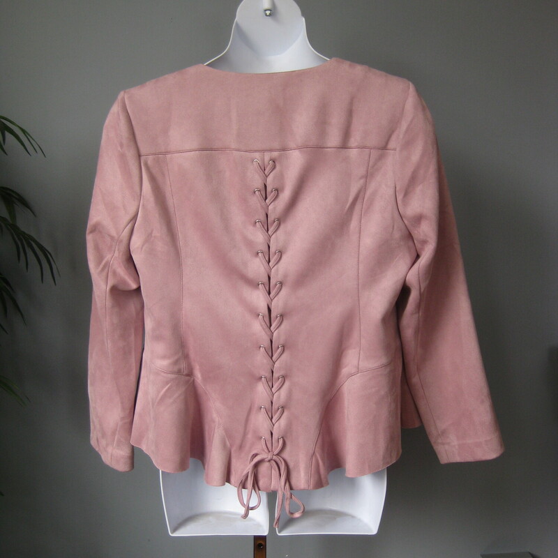 NWT Lane Bryant Faux Su., Pink, Size: 18<br />
NEW with Tags<br />
Lane Bryant jacket<br />
smart motorcycle look zippered jacket with corset lacing in the back.<br />
fully lined<br />
shoulder pads built in for shape and support<br />
polyester blend fabric with a faux suede feel<br />
silver zipper<br />
<br />
Cool tone mauvey pink<br />
Size 18<br />
flat measurements:<br />
shoulder to shoulder: 17<br />
armpit to armpit: 25<br />
waist area: 21.25<br />
underarm sleeve seam length: 17.25<br />
length: 27.25<br />
<br />
Orginally: $109.95<br />
<br />
thanks for looking1<br />
#69894