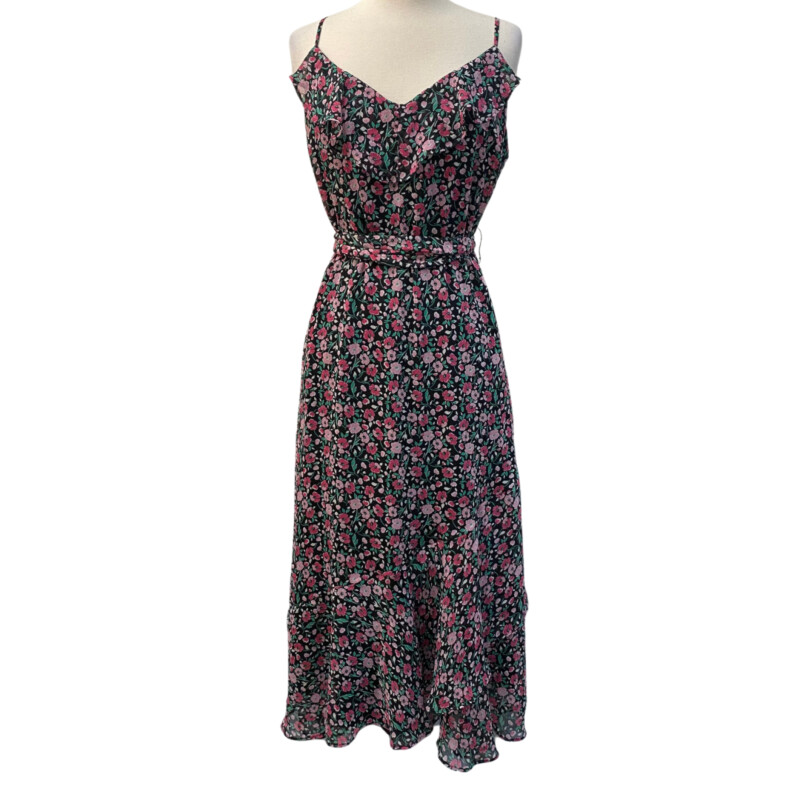 Karl Lagerfeld Dress<br />
Beautiful Floral Print<br />
Ruffle Detail at Neckline<br />
Belted and Sleeveless<br />
Colors: Black, Pink, Green and White<br />
Size: 14