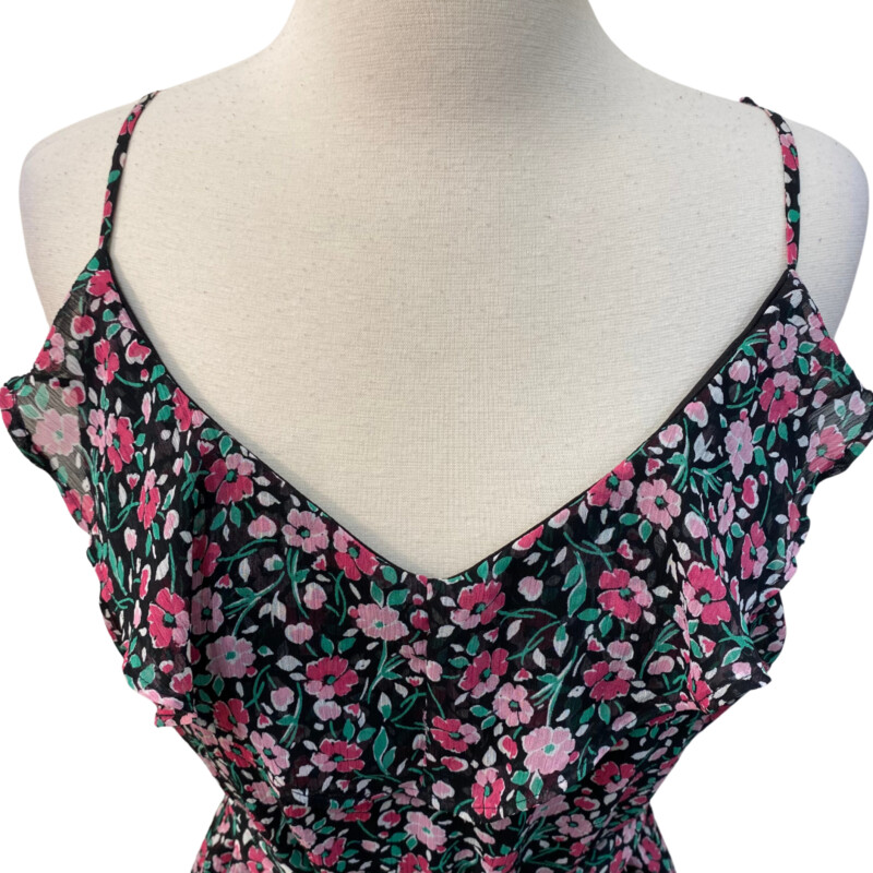 Karl Lagerfeld Dress<br />
Beautiful Floral Print<br />
Ruffle Detail at Neckline<br />
Belted and Sleeveless<br />
Colors: Black, Pink, Green and White<br />
Size: 14