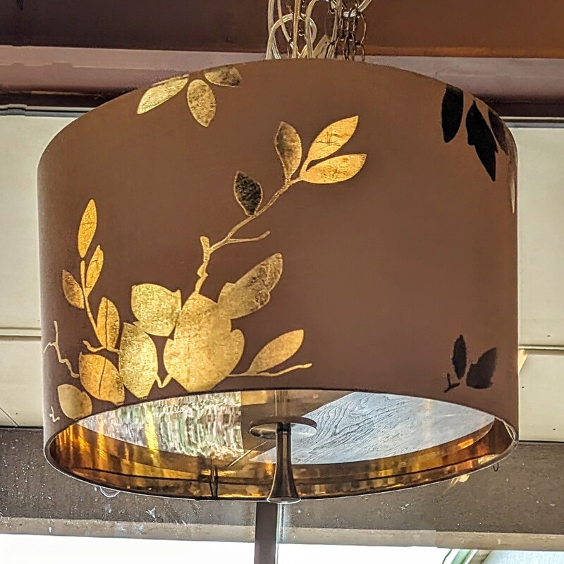 Gold Leaf Drum Pendant Chandelier
Tan Gold Size: 21 x 12H
Plugs into wall socket