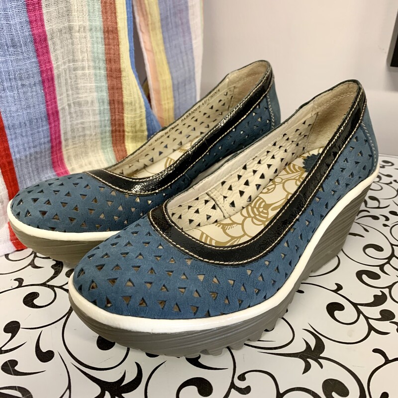 Fly Wedge Shoe,
Colour: Blue,
Size: 36  (6),
As new