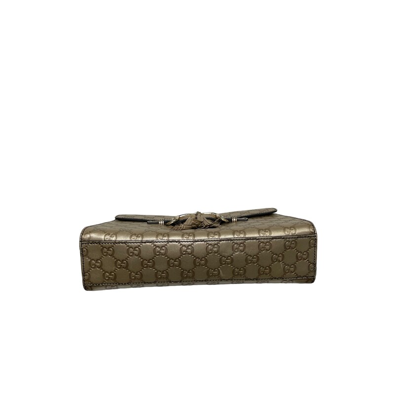 Gucci Emily Horsebit, Gold, Size: OS<br />
<br />
Dimensions:<br />
Base length: 11.50 in<br />
Height: 7.25 in<br />
Width: 3.50 in<br />
Drop: 9.50 in