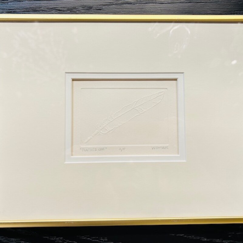Marge Widmar Feather One
Westlake artist
Intaglio art - meaning engraved into material
Gold and White
 Size: 10.5x8.5H