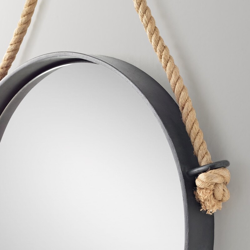 RH Iron And Rope Mirror<br />
<br />
Size: 36D<br />
<br />
<br />
With its knotted jute rope and antiqued finish, our handcrafted mirror exudes the aged warmth of a vintage find.<br />
Oxidized metal frame<br />
Hangs securely from a bracket on the back panel; natural rope and metal hook serve as decorative accents<br />
Simple assembly required