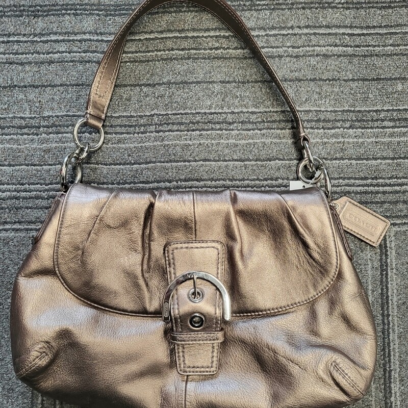 Excellent preloved Leather Shoulder Bag, Bronze with purple lining and silver hardware