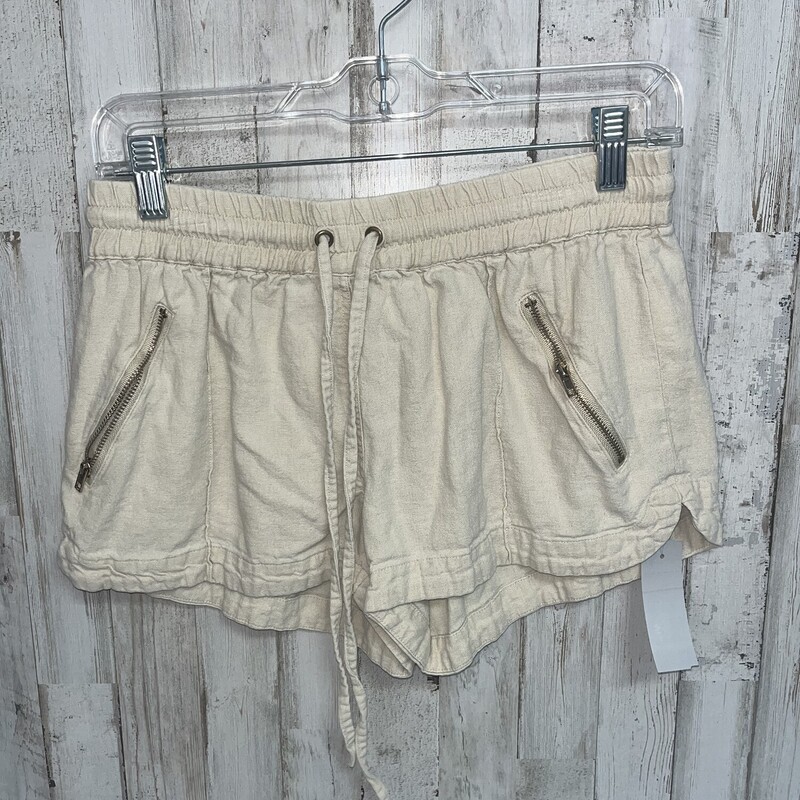 S Beige Linen Zip Shorts
