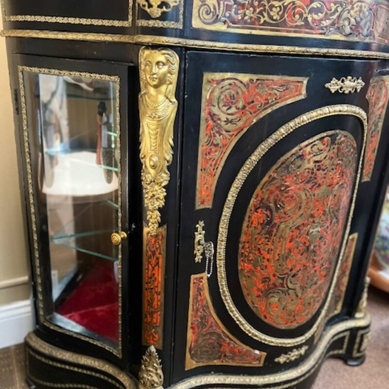 Vintage French Napoleon III Boulle Console<br />
Black Rust Gold with Curved Glass Doors<br />
Removable Glass Top<br />
Size: 43x17x41H