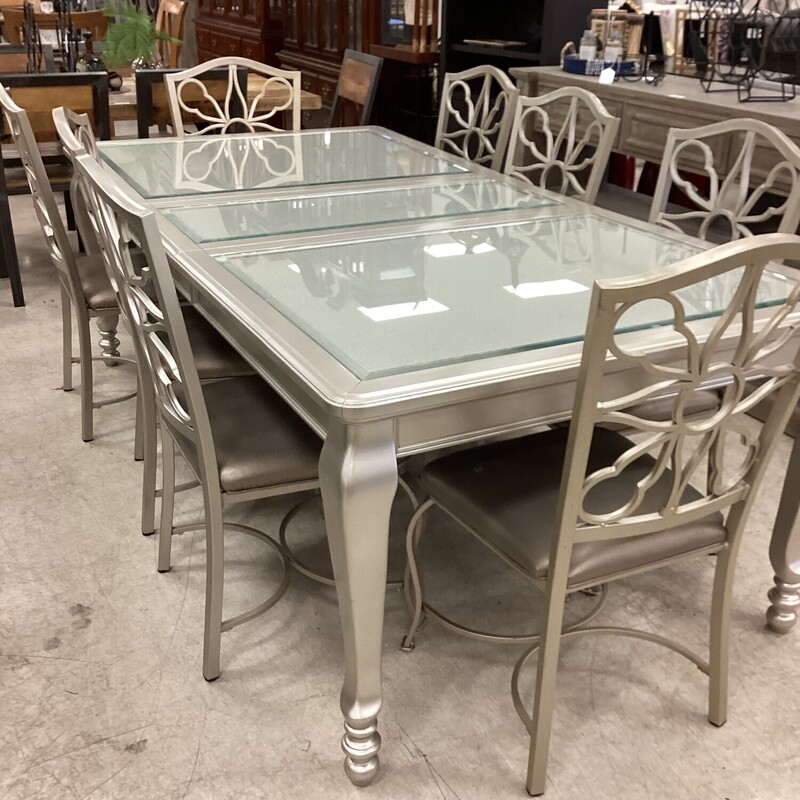 Glass Top 1 Leaf, Silver, 8 Chairs
70 in w  w/ leaf 88 in w
45 in x 30 in t