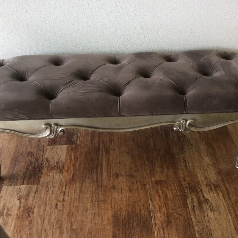 Plush, sumptuous and luxurious, the Rhianna Upholstered Bed Bench is inspired by timeless French design. Crafted of Quartered Ash Veneer, the bench has a tufted seat and is finished in a glamorous aged silver patina with classical decorative carving across the apron and on the cabriole legs. Taupe, Size: 52x18x19