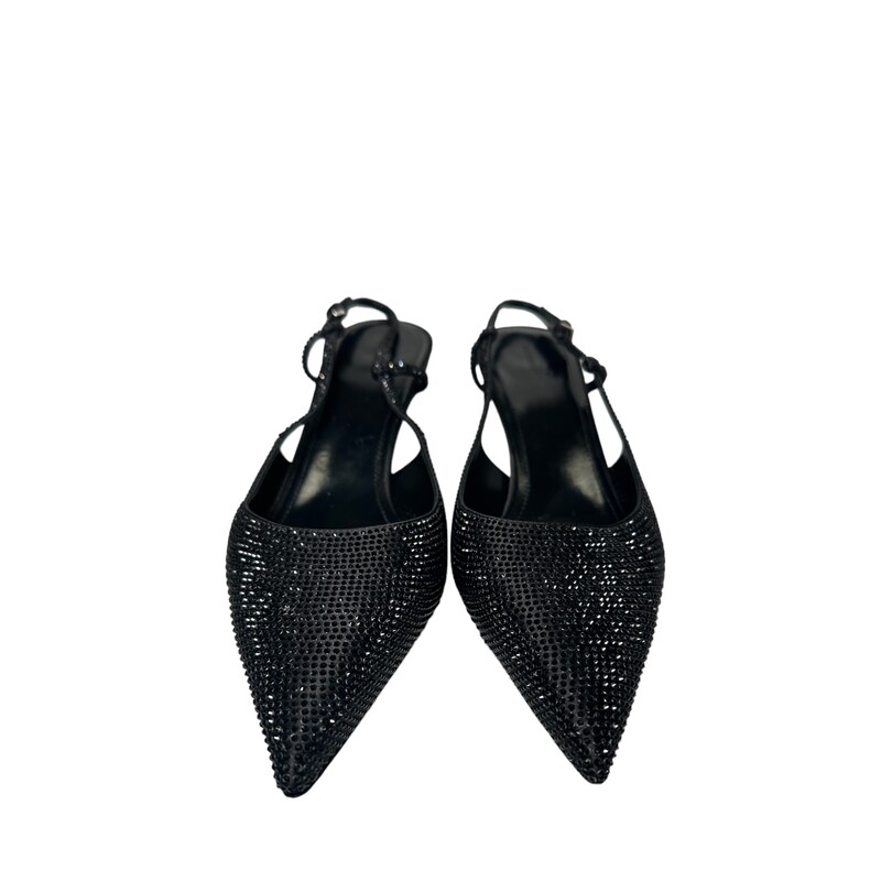 Givenchy Slim G-Cube, Black, Size: 38.5<br />
<br />
Matthew Williams takes his hardware obsession to the next level in this crystal-coated slingback elevated with sculptural G-links making up the slim heel.<br />
<br />
Dimensions:<br />
3 (74mm) heel (size 8.5US / 38.5EU)<br />
Adjustable slingback strap with buckle closure