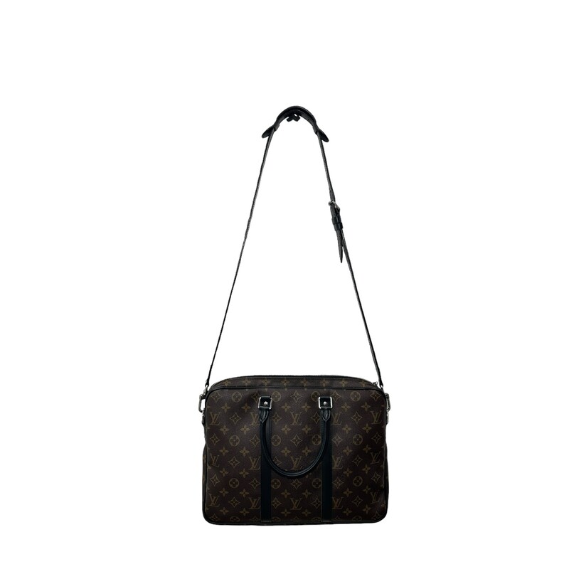 Louis Vuitton Macassar Porte-Documents<br />
Size: PM<br />
<br />
Dimensions:<br />
Length: 14.5 in<br />
Height: 10.5 in<br />
Width: 2.25 in<br />
Drop: 5 in<br />
Drop: 17.5 in<br />
<br />
This is an authentic LOUIS VUITTON Monogram Macassar Porte-Documents Voyage PM. This Louis Vuitton briefcase is crafted of classic Louis Vuitton monogram toile canvas with black cowhide leather trim. It features rolled leather top handles, and an optional adjustable, leather shoulder strap with a shoulder pad and silver hardware. The top zippers open the bag to a burgundy leather interior with patch pockets.