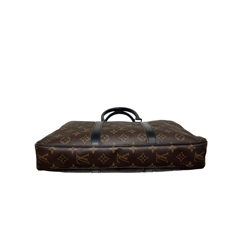 Louis Vuitton Macassar Porte-Documents<br />
Size: PM<br />
<br />
Dimensions:<br />
Length: 14.5 in<br />
Height: 10.5 in<br />
Width: 2.25 in<br />
Drop: 5 in<br />
Drop: 17.5 in<br />
<br />
This is an authentic LOUIS VUITTON Monogram Macassar Porte-Documents Voyage PM. This Louis Vuitton briefcase is crafted of classic Louis Vuitton monogram toile canvas with black cowhide leather trim. It features rolled leather top handles, and an optional adjustable, leather shoulder strap with a shoulder pad and silver hardware. The top zippers open the bag to a burgundy leather interior with patch pockets.