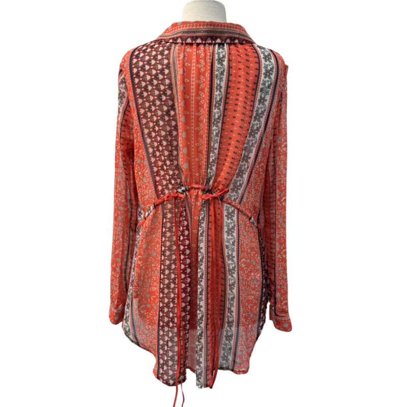 Free People Sheer Blouse<br />
Coral, Gray, Navy, Cream, and Mocha<br />
Drawstring Back Detail<br />
Size: Medium