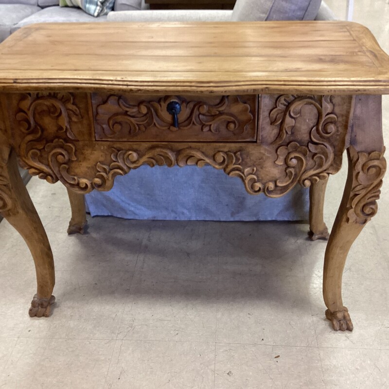 Wd Carved Entry Table, Wood, 1 Drawer
43in wide x 22in deep x 32in tall