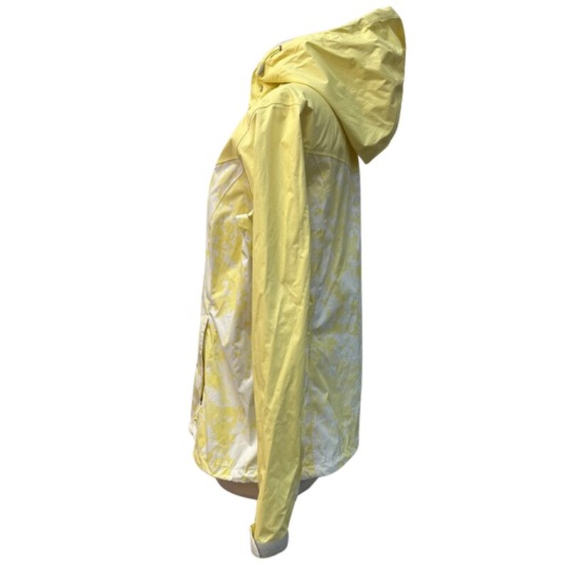 Eddie Bauer Hooded Raincoat<br />
Floral Print<br />
Color: Yellow and White<br />
Size: Medium