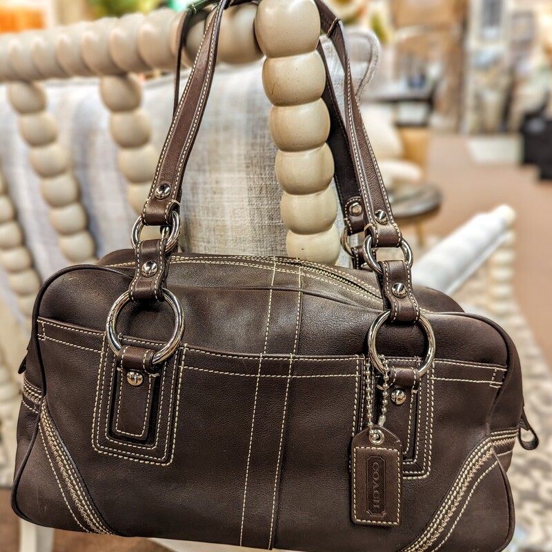 Coach Chocolate Satchel
Brown and Silver
Size: 13x7.5H