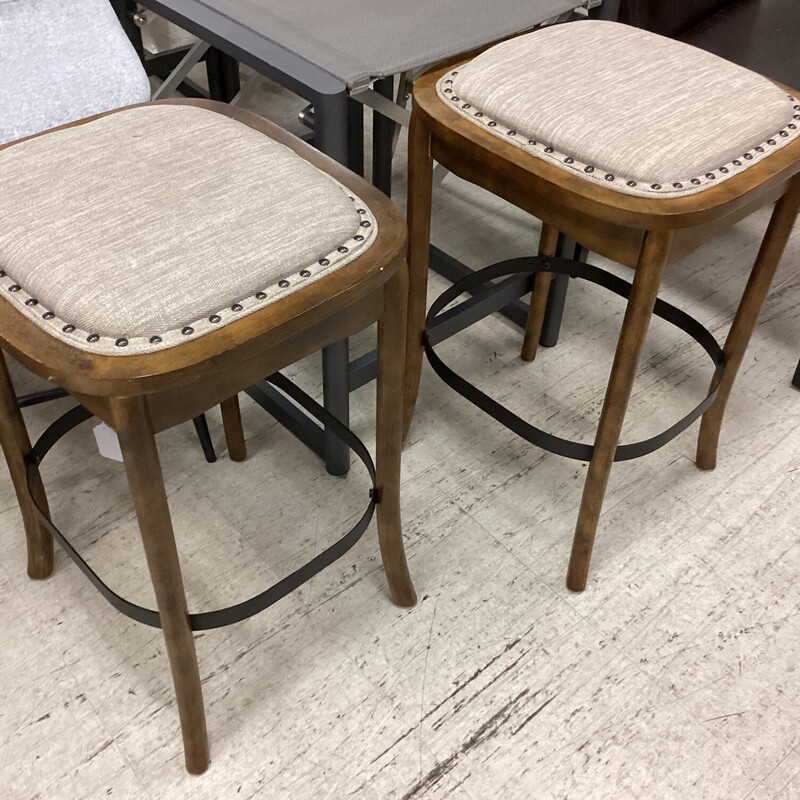 S/2 Tan Fabric Barstools, Dk Wood, Backless
25in from seat to floor