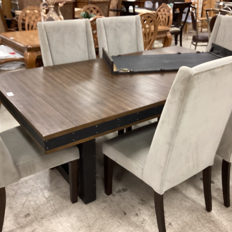 Dk Wd Mtl Table+6 Chairs, Dk Wood, Gray Chrs
80in x 44in x 30in tall