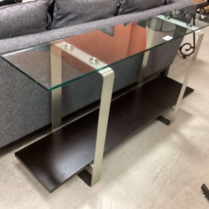 Glass Silver Entry Table, Glass, Dk Wood Shelf
55in wide x 12in deep x 30in tall