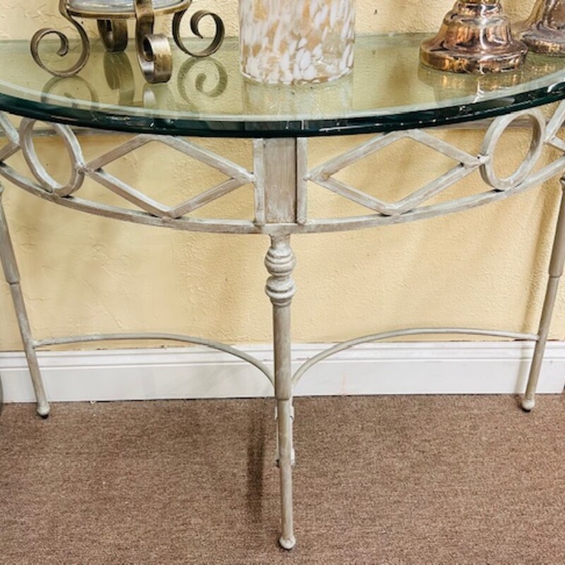 Iron Scroll Glass Demilune Accent Table
Silver Clear Size: 45 x 18 x 31H
