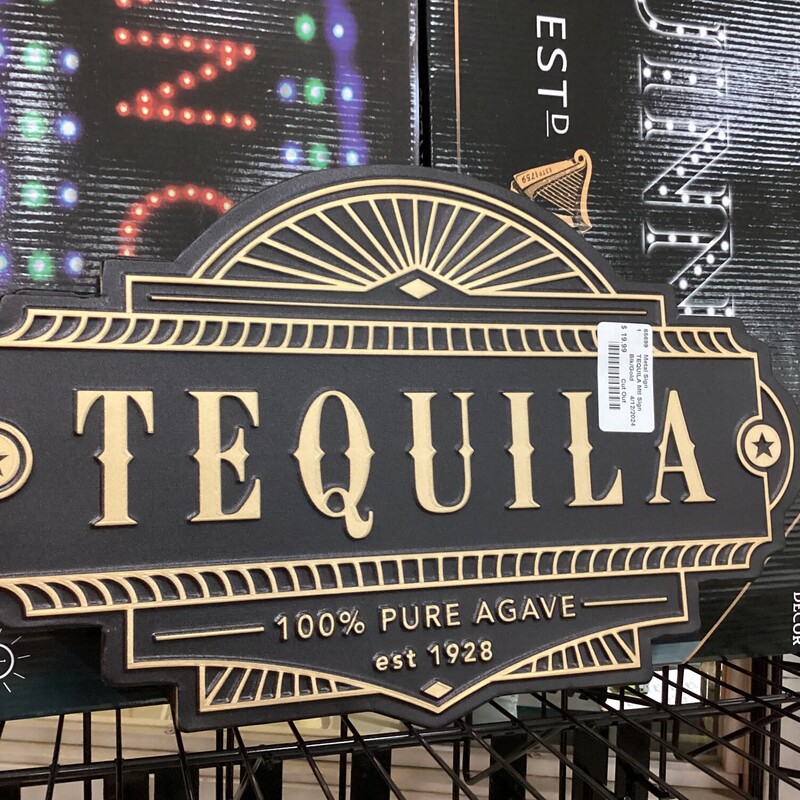 TEQUILA Mtl Sign, Blk/Gold, Cut Out
17 in w x 10 in t