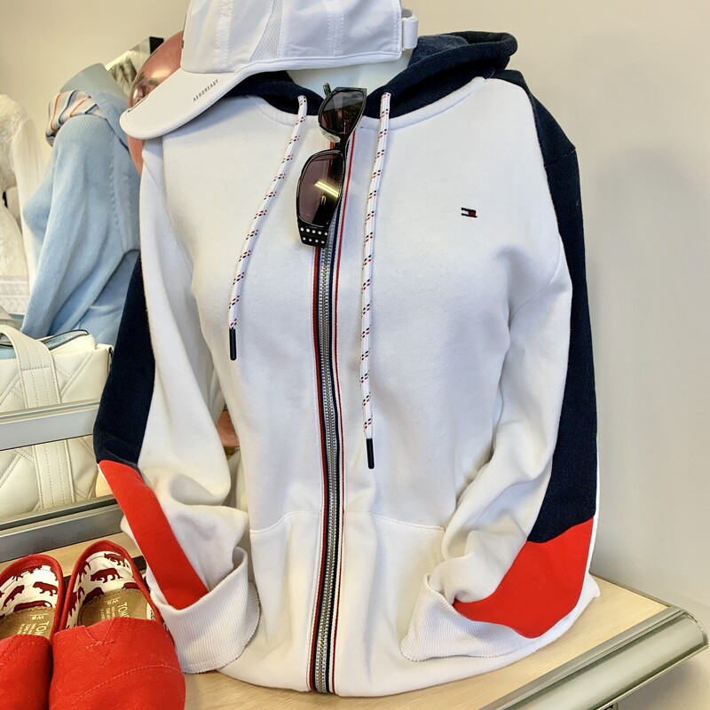 Tommy H Hoodie Zippered,
Colour: White black and red,
Size: Large