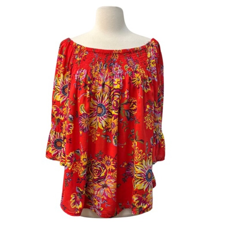 BeachLunchLounge Top<br />
Bell Sleeve Detail<br />
Smocking across the Top<br />
Red with a Rainbow of Colors<br />
Size: 1XL