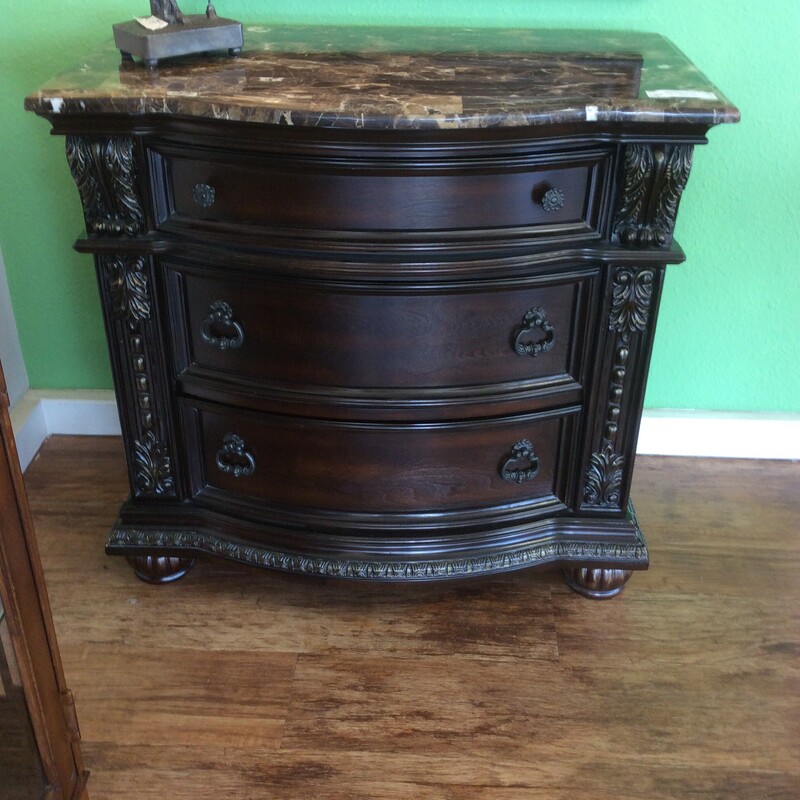Solid wood nightstand with a dark brown finish, and a marble top,  Size: 34x20x32