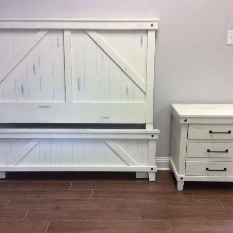 Farmhouse style white, with light rub through, with just a touch of industrial flare.  Size:  Queen
