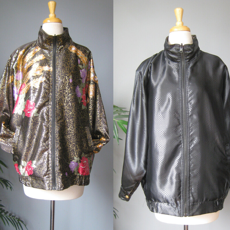 Very cool 1980s Track Suit by Adolfo Sport.<br />
A reversible jacket with pockets on both sides and a pair of elastic waist and cuffs satin sweat pants also with pockets.<br />
The jacket is floral satin on one side and an op art checkerboard in black on the other side.<br />
Both pieces are marked size M.  The jacket will be a little oversized for a modern size medium gal.<br />
The set is marked size L but in modern sizes it will probably be better for a small or medium<br />
Flat measurements:<br />
Jacket:<br />
Shoulder to shoulder: 19<br />
armpit to armpit: 25.5<br />
Width at hem: 22<br />
length: 27<br />
underarm sleeve length: 20<br />
<br />
Pants:<br />
waist: 15.5 (unstretched),<br />
hip: 23<br />
rise: 14<br />
inseam: 25<br />
Side seam: 36<br />
<br />
Excellent condition! no flaws<br />
<br />
Thanks for looking!<br />
#67874