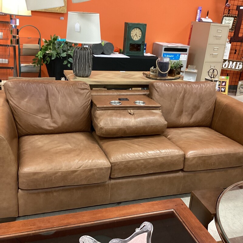 Auth Leather Sofa, Camel, Cupholders<br />
90 in w