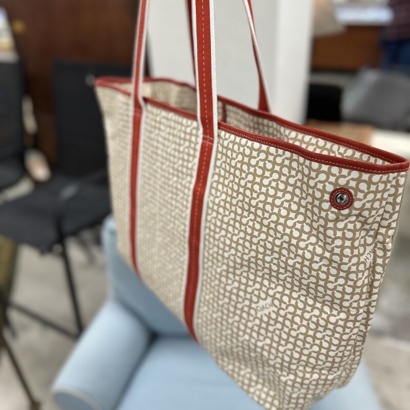 Coach Large Monogram C Tote, Tan/Red<br />
Size: 24x15
