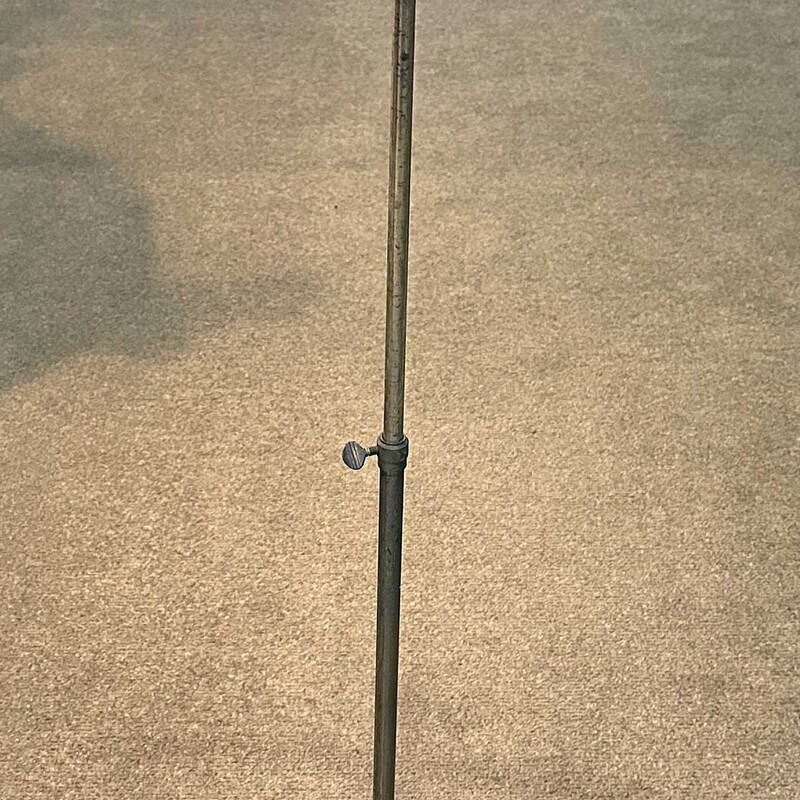 Ant Brass Clothing Stand
Size: 15 X 26
Beautiful antique brass adjustable clothing stand has three feet for the base so it is very stable.  It stands 26 inches when fully retracted and adjusts to a max of 48 inches  The curved hanger is nicely designed  to hold shirts, sweaters or suitcoats.