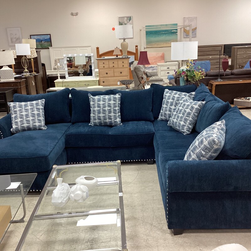 3 PC Sectional W Nailhead, Blue, Pillows
123in x 100in