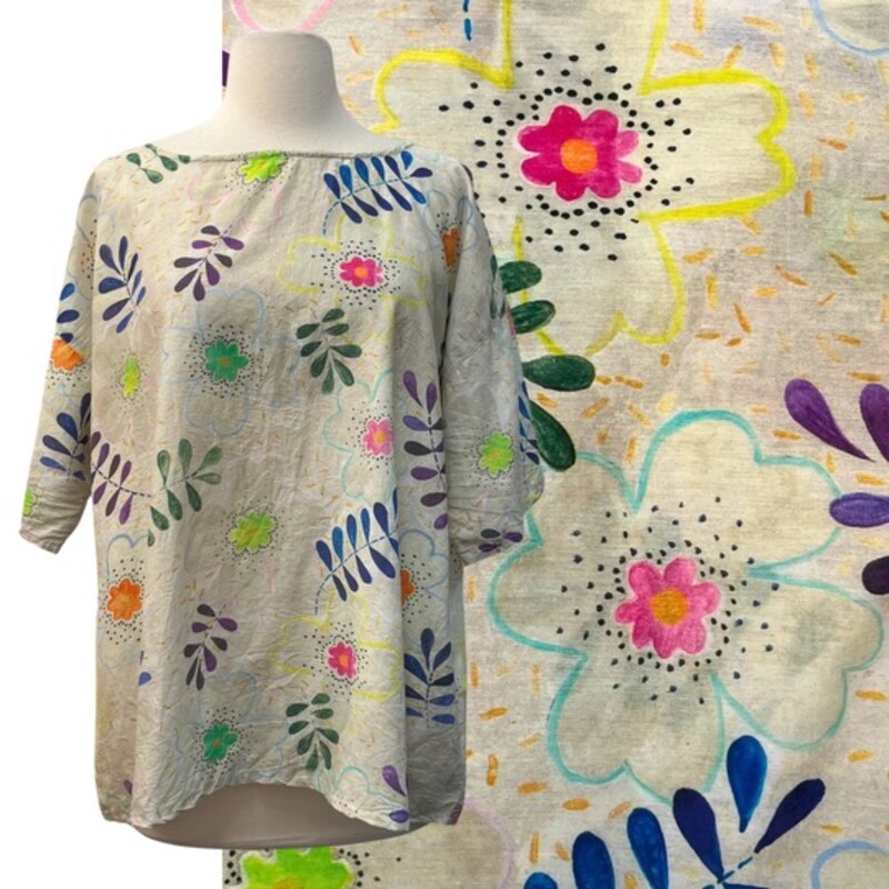 Gudrun Sjödén Top
Organic Cotton & Silk
Floral Print
Colors: Cream with a Rainbow of Colors
Size: Large