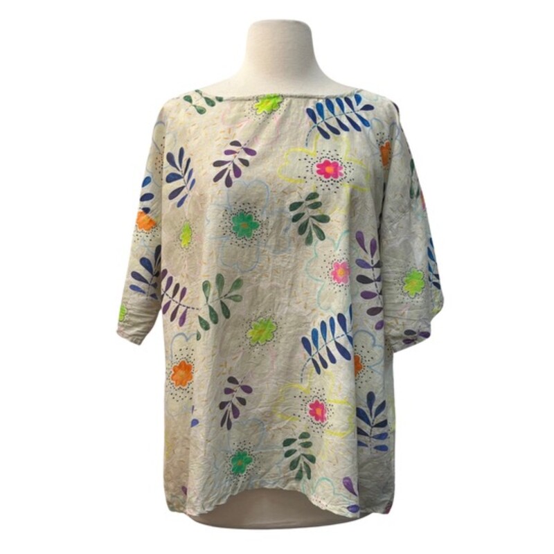 Gudrun Sjödén Top<br />
Organic Cotton & Silk<br />
Floral Print<br />
Colors: Cream with a Rainbow of Colors<br />
Size: Large