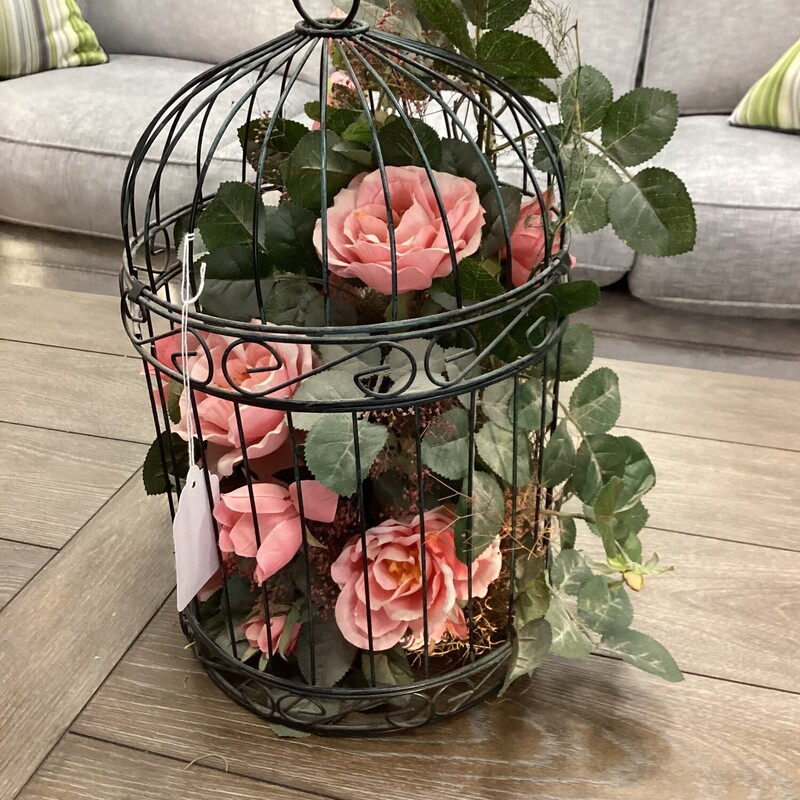 Bird Cage W/ Flowers, Green, Pink
16 in Tall