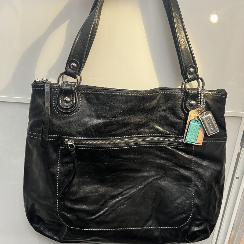 Coach Poppy 19002 Glam Glazed Leather Tote Shoulder Handbag Purse Black with Silver hardware and teal satin lining