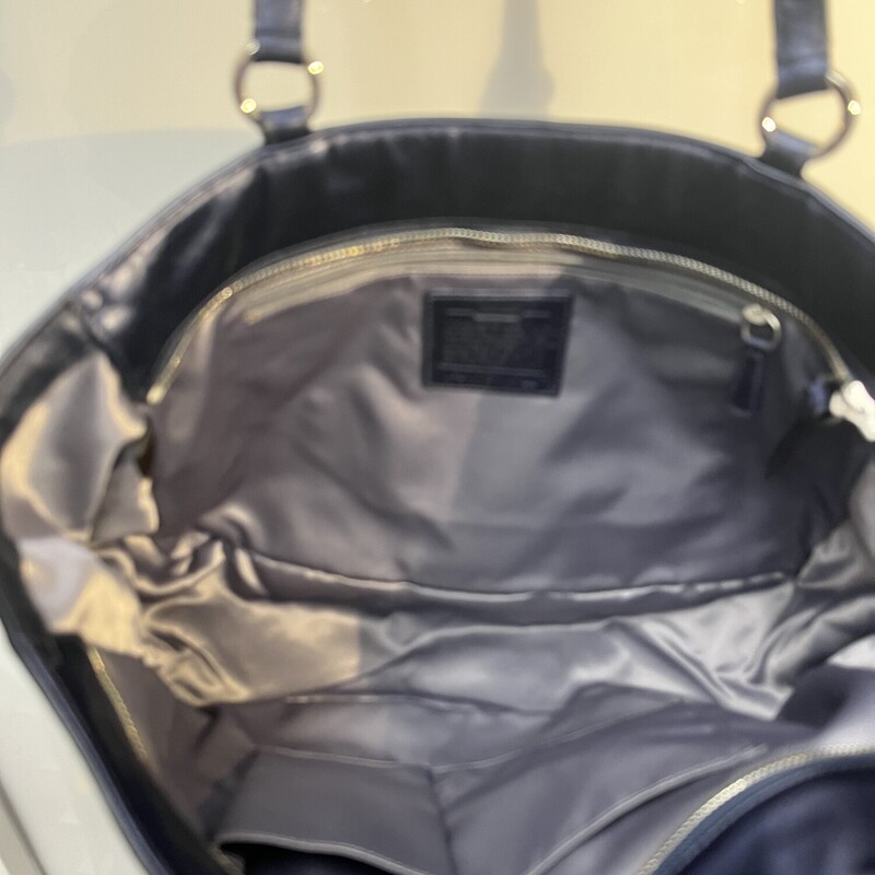 Brand NEW condition!! 17722 Leather Metallic Bag, Blue with silver hardware and grey lining.