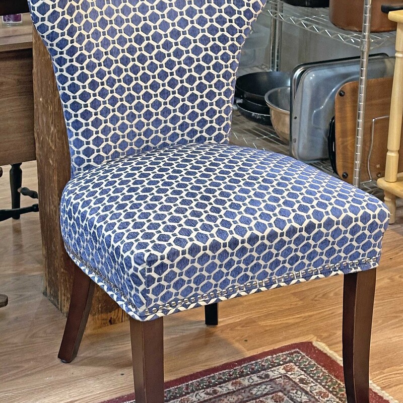 Blue/Cream Upholstered Side Chair<br />
<br />
Silver Brads<br />
37 In T x 21 In W