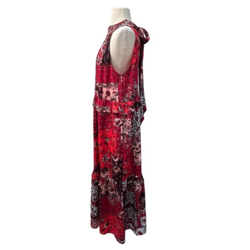 Violet Romance Maxi Dress<br />
Floral and Paisley Print<br />
Ties behind the Neck<br />
Ruffle Detail<br />
Colors: Red, Pink,and Burgandy<br />
Size: XLarge