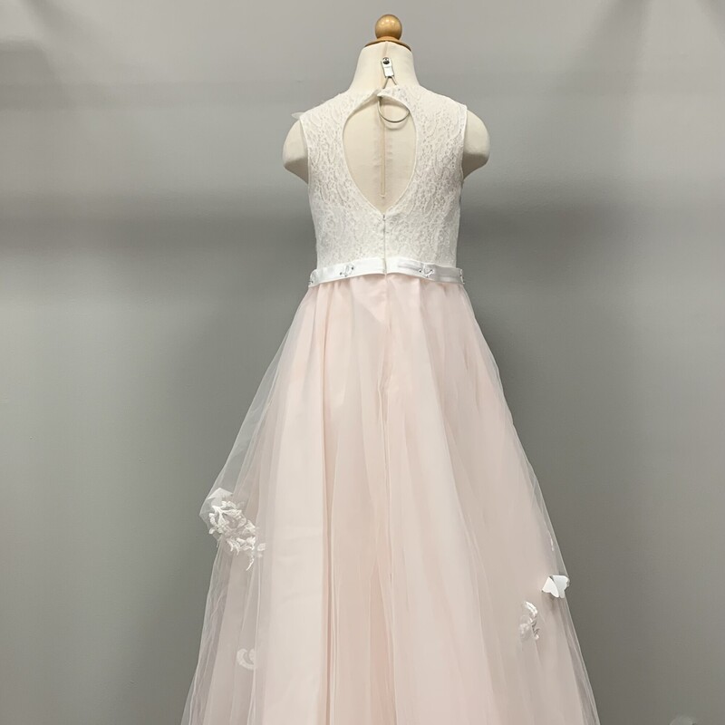 Layered special occasion dress-skirt has 4 layers of tulle & is lined with 2 layers of satin & a tulle pettiskirt.  Dress is embellished with butterflies, lace, & crystals, & has a high-low hem