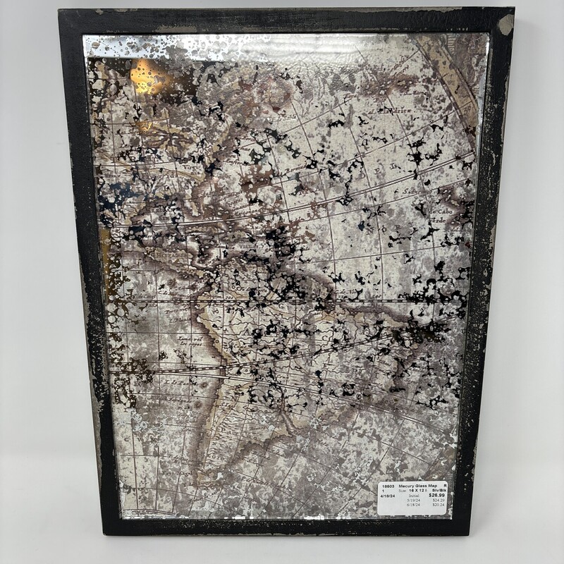 Framed Wall Art
Mecury Glass Map
Silver & Black
Size: 16 X 12 In